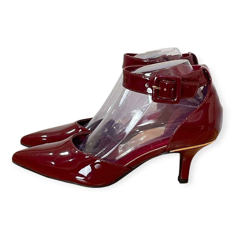 Anne Klein Burgundy Patent Pointed Toe Ankle Strap Kitten Heels Sz 8.5 Vamp Fall